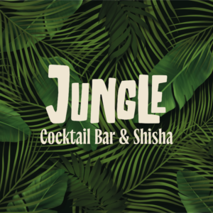 graphic showing the logo on a background of green leaves of a cocktail bar named jungle