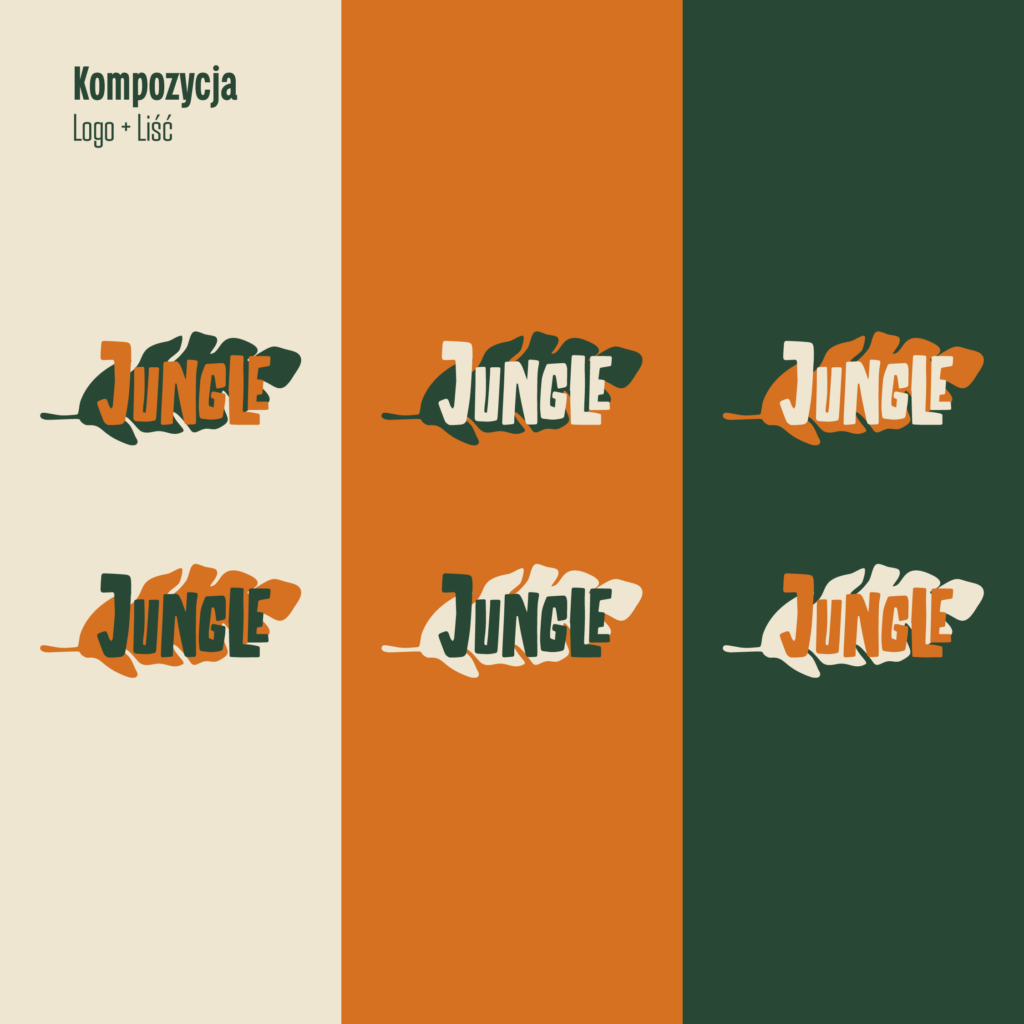 The graphic shows a combination of colors and different variations of logos for a cocktail bar called jungle